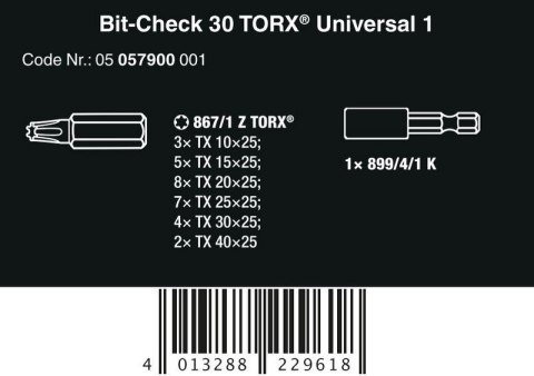 WERA ZESTAW BITÓW BIT-CHECK 30 TX UNIVERSAL 1 SB, 30 CZ. WERA ZESTAW BITÓW BIT-CHECK 30 TX UNIVERSAL 1 SB, 30 CZ.