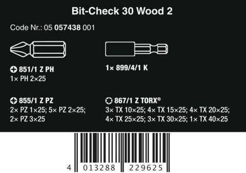 WERA ZESTAW BITÓW BIT-CHECK 30 WOOD 2 SB, 30 CZ. WERA ZESTAW BITÓW BIT-CHECK 30 WOOD 2 SB, 30 CZ.