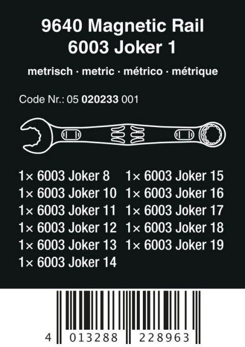 WERA ZESTAW KLUCZY PŁAS.-OCZK. Z GRZECH. 6003 JOKER 1+LISTA MAGN. WERA ZESTAW KLUCZY PŁAS.-OCZK. Z GRZECH. 6003 JOKER 1+LISTA MAGN.
