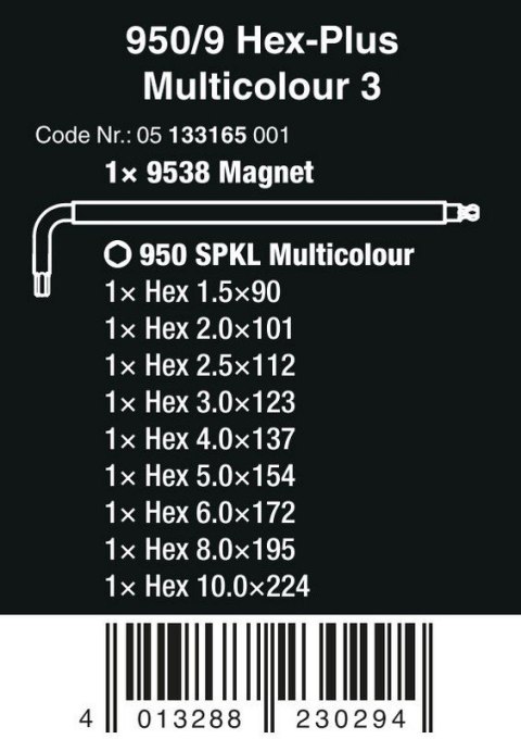 WERA ZESTAW KLUCZY TRZPIENIOWYCH 950/9 HEX-PLUS MULTICOLOU 3 9CZR WERA ZESTAW KLUCZY TRZPIENIOWYCH 950/9 HEX-PLUS MULTICOLOU 3 9CZR
