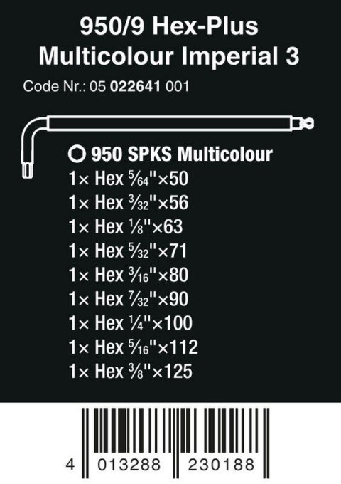 WERA ZESTAW KLUCZY TRZPIENIOWYCH 950/9 HEX-PLUS MULTICOLOU 9CZR WERA ZESTAW KLUCZY TRZPIENIOWYCH 950/9 HEX-PLUS MULTICOLOU 9CZR