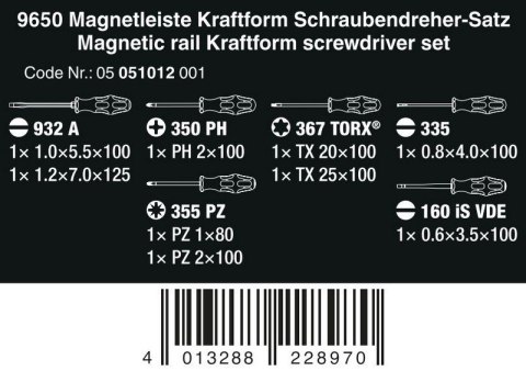 WERA ZESTAW WKRĘTAKÓW KRAFTFORM NA LISTWIE MAGNETYCZNEJ 9650 WERA ZESTAW WKRĘTAKÓW KRAFTFORM NA LISTWIE MAGNETYCZNEJ 9650