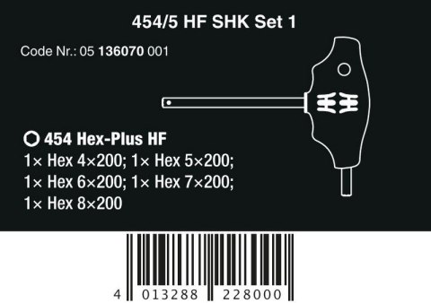 WERA ZESTAW WKRĘTAKÓW PROFIL HEX PLUS W 454/5 HF SHK SET 1, 5CZ. WERA ZESTAW WKRĘTAKÓW PROFIL HEX PLUS W 454/5 HF SHK SET 1, 5CZ.