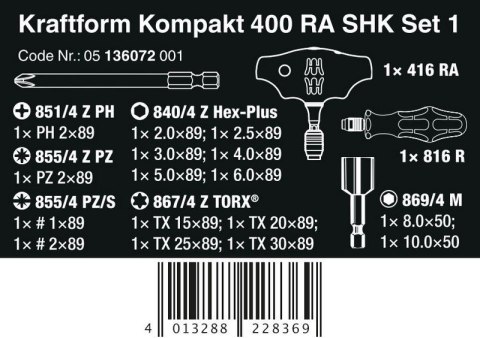 WERA ZESTAW KRAFTFORM KOMPAKT 400 RA SHK SET 1, 19 CZĘŚĆ WERA ZESTAW KRAFTFORM KOMPAKT 400 RA SHK SET 1, 19 CZĘŚĆ