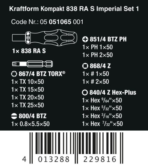 WERA ZESTAW KRAFTFORM KOMPAKT 838 RA S IMPERIAL SET 1, 14 CZ. WERA ZESTAW KRAFTFORM KOMPAKT 838 RA S IMPERIAL SET 1, 14 CZ.