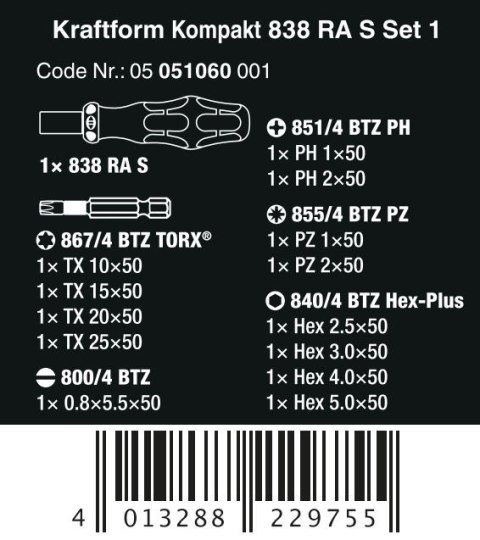 WERA ZESTAW KRAFTFORM KOMPAKT 838 RA S SET 1, 14 CZ. WERA ZESTAW KRAFTFORM KOMPAKT 838 RA S SET 1, 14 CZ.