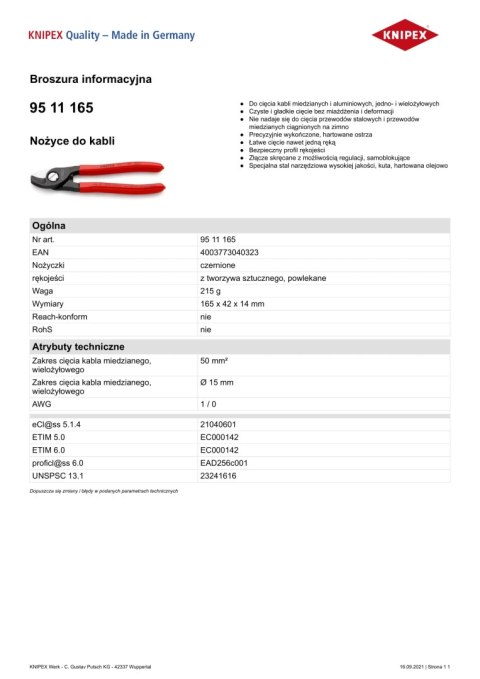 KNIPEX NOŻYCE DO KABLI 165MM KNIPEX NOŻYCE DO KABLI 165MM