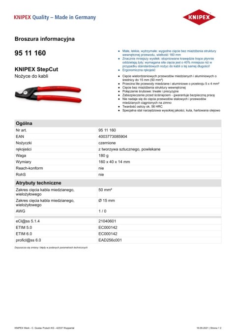 KNIPEX NOŻYCE DO KABLI STEPCUT 160MM KNIPEX NOŻYCE DO KABLI STEPCUT 160MM