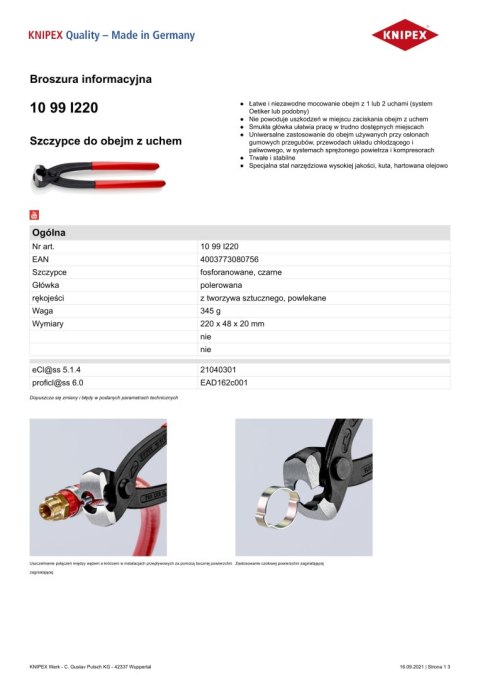 KNIPEX SZCZYPCE DO MONTAŻU OPASEK ZACISKOWYCH OETIKER 220MM KNIPEX SZCZYPCE DO MONTAŻU OPASEK ZACISKOWYCH OETIKER 220MM