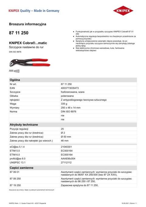 KNIPEX SZCZYPCE DO RUR COBRA NASTAWNE 250MM KNIPEX SZCZYPCE DO RUR COBRA NASTAWNE 250MM