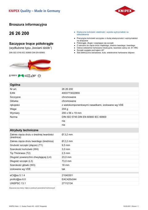 KNIPEX SZCZYPCE IZOLOWANE WYDŁUŻONE WYGIĘTE TNĄCE PÓŁOKRĄGŁE 200MM KNIPEX SZCZYPCE IZOLOWANE WYDŁUŻONE WYGIĘTE TNĄCE PÓŁOKRĄGŁE 200MM