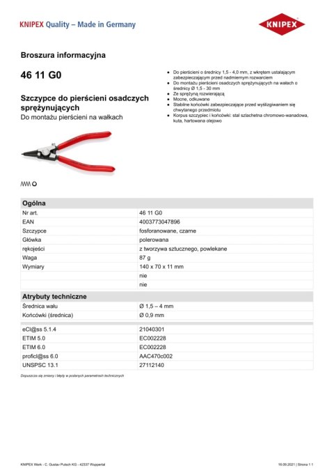 KNIPEX SZCZYPCE SEGERA BEZ OTWORÓW 140MM 1,5-4 46 11 G0 KNIPEX SZCZYPCE SEGERA BEZ OTWORÓW 140MM 1,5-4 46 11 G0