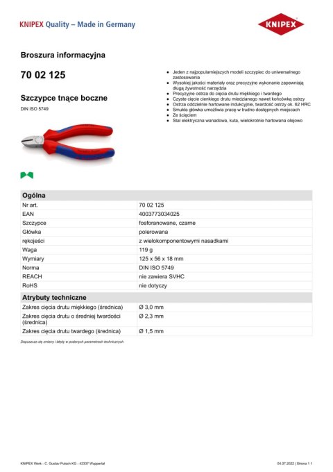 KNIPEX SZCZYPCE TNĄCE BOCZNE 125MM, POWLEKANE KNIPEX SZCZYPCE TNĄCE BOCZNE 125MM, POWLEKANE