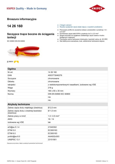 KNIPEX SZCZYPCE TNĄCE BOCZNE DO ŚCIĄGANIA IZOLACJI 160MM KNIPEX SZCZYPCE TNĄCE BOCZNE DO ŚCIĄGANIA IZOLACJI 160MM