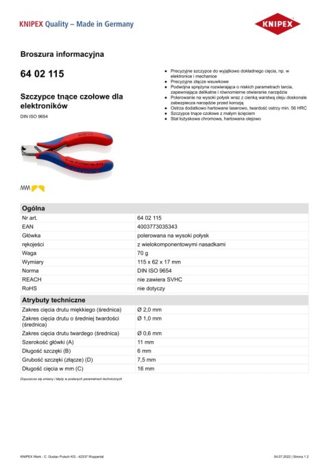 KNIPEX SZCZYPCE TNĄCE CZOŁOWE, POWLEKANE 160MM. KNIPEX SZCZYPCE TNĄCE CZOŁOWE, POWLEKANE 160MM.