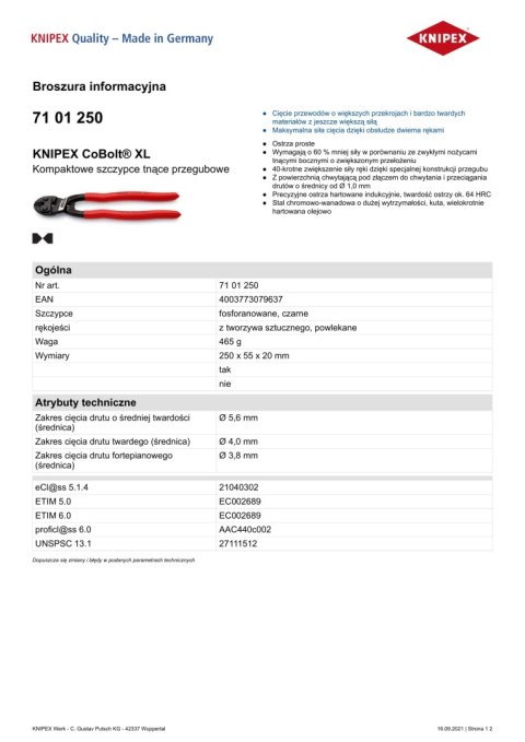 KNIPEX SZCZYPCE TNĄCE PRZEGUBOWE COBOLT XL 250MM KNIPEX SZCZYPCE TNĄCE PRZEGUBOWE COBOLT XL 250MM