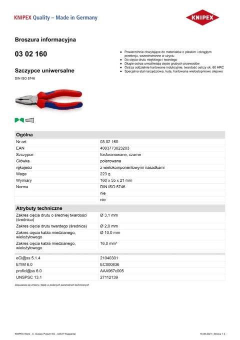KNIPEX SZCZYPCE UNIWERSALNE PVC 160MM KNIPEX SZCZYPCE UNIWERSALNE PVC 160MM