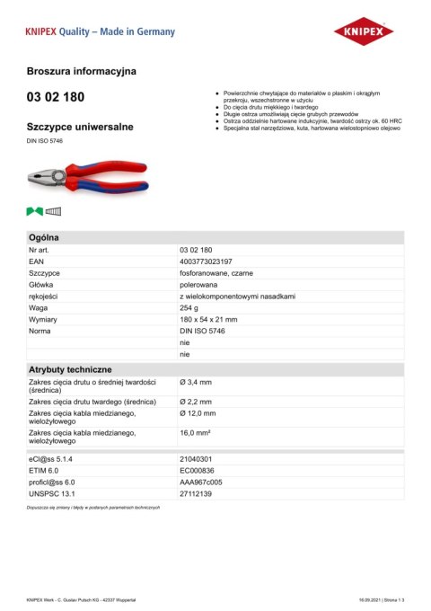 KNIPEX SZCZYPCE UNIWERSALNE PVC 180MM KNIPEX SZCZYPCE UNIWERSALNE PVC 180MM