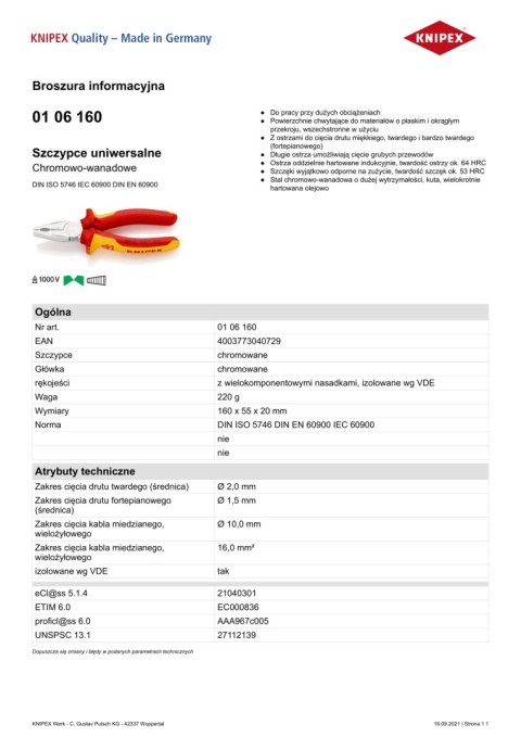 KNIPEX SZCZYPCE UNIWERSALNE VDE 1000V 160MM KNIPEX SZCZYPCE UNIWERSALNE VDE 1000V 160MM