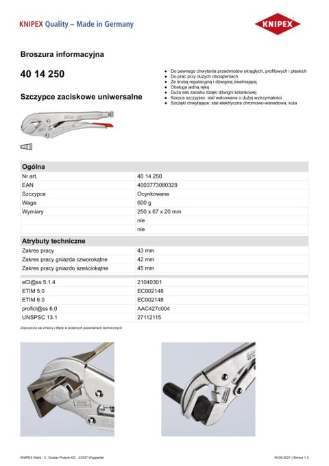 KNIPEX SZCZYPCE ZACISKOWE UNIWERSALNE 250MM KNIPEX SZCZYPCE ZACISKOWE UNIWERSALNE 250MM
