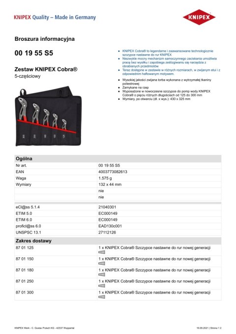 KNIPEX ZESTAW SZCZYPIEC DO RUR W ETUI 5-CZĘŚC 125,150,180,250,300MM KNIPEX ZESTAW SZCZYPIEC DO RUR W ETUI 5-CZĘŚC 125,150,180,250,300MM
