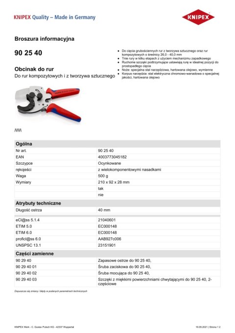 KNIPEX OBCINAK DO RUR KOMPOZYTOWYCH I Z TWORZYWA 210MM KNIPEX OBCINAK DO RUR KOMPOZYTOWYCH I Z TWORZYWA 210MM