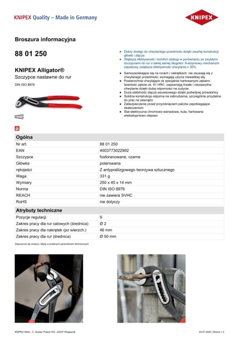 KNIPEX SZCZYPCE DO RUR ALIGATOR 250MM KNIPEX SZCZYPCE DO RUR ALIGATOR 250MM