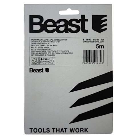 BEAST TAŚMA MOCUJĄCA BAGAŻ Z HAKAMI I Z NAPINACZEM 5m x 25mm 250kg BEAST TAŚMA MOCUJĄCA BAGAŻ Z HAKAMI I Z NAPINACZEM 5m x 25mm 250kg