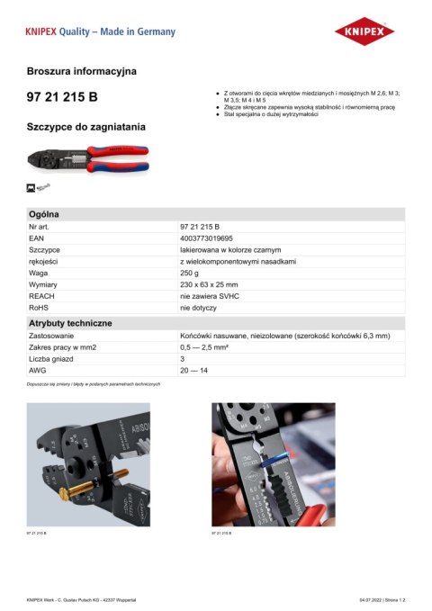 KNIPEX SZCZYPCE DO ZAGNIATANIA ZŁĄCZEK KABLOWYCH 0,5-2,5 MM KNIPEX SZCZYPCE DO ZAGNIATANIA ZŁĄCZEK KABLOWYCH 0,5-2,5 MM