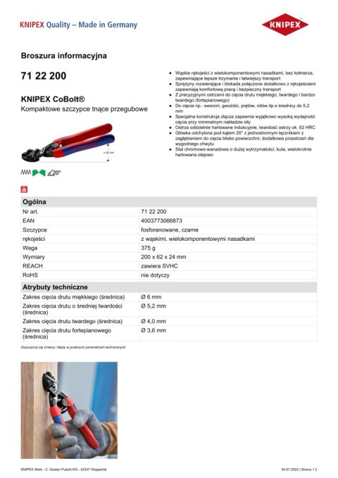 KNIPEX SZCZYPCE TNĄCE PRZEGUBOWE KOMPAKTOWE COBOLT 200MM KNIPEX SZCZYPCE TNĄCE PRZEGUBOWE KOMPAKTOWE COBOLT 200MM