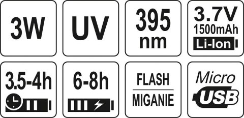 YATO ZESTAW LATARKA UV AKUMULATOROWA 3W + OKULARY YATO ZESTAW LATARKA UV AKUMULATOROWA 3W + OKULARY
