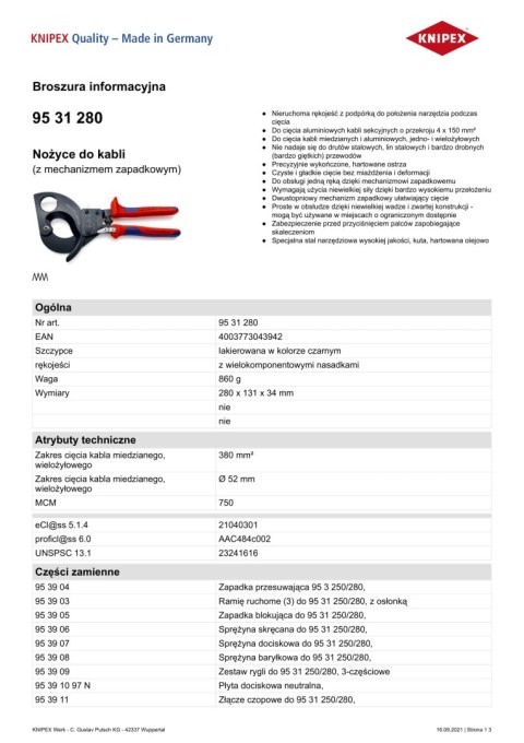 KNIPEX NOŻYCE DO KABLI 280MM, MECHANIZM ZAPADKOWY KNIPEX NOŻYCE DO KABLI 280MM, MECHANIZM ZAPADKOWY