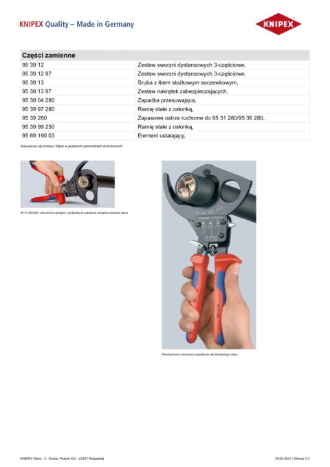 KNIPEX NOŻYCE DO KABLI 280MM, MECHANIZM ZAPADKOWY KNIPEX NOŻYCE DO KABLI 280MM, MECHANIZM ZAPADKOWY
