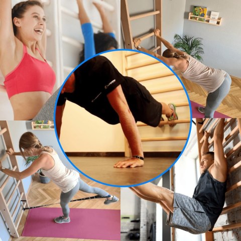 E-hurtownia Drabinka gimnastyczna drewniana 220 cm stabilna z huśtawką drążkiem lina E-hurtownia Drabinka gimnastyczna drewniana 220 cm stabilna z huśtawką drążkiem lina
