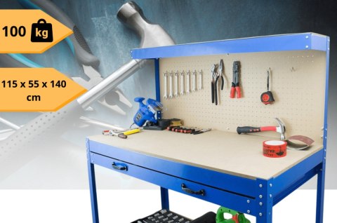 E-hurtownia Solidny Stół Warsztatowy z Szufladą Haki Uchwyty 100 kg 115x55 cm Duży blat E-hurtownia Solidny Stół Warsztatowy z Szufladą Haki Uchwyty 100 kg 115x55 cm Duży blat