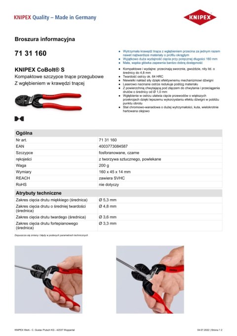 KNIPEX KOMPAKTOWE SZCZYPCE TNĄCE PRZEGUBOWE COBOLT 160MM KNIPEX KOMPAKTOWE SZCZYPCE TNĄCE PRZEGUBOWE COBOLT 160MM