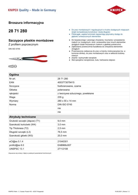 KNIPEX SZCZYPCE PŁASKIE MONTAŻOWE Z PROFILEM POPRZECZNYM WYG.280MM KNIPEX SZCZYPCE PŁASKIE MONTAŻOWE Z PROFILEM POPRZECZNYM WYG.280MM