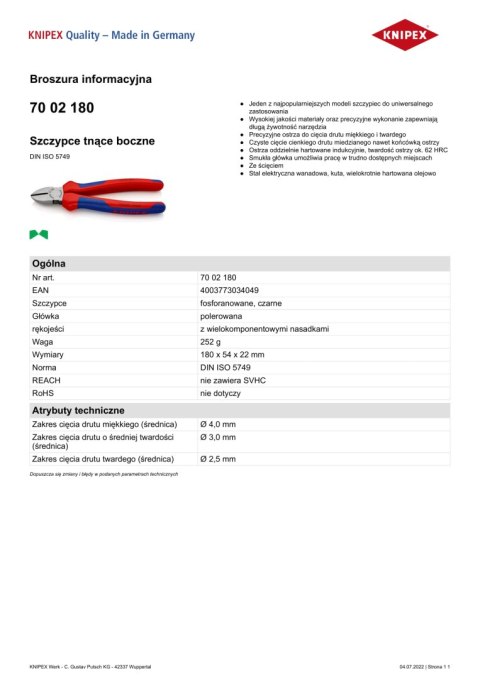 KNIPEX SZCZYPCE TNĄCE BOCZNE 180MM, POWLEKANE KNIPEX SZCZYPCE TNĄCE BOCZNE 180MM, POWLEKANE