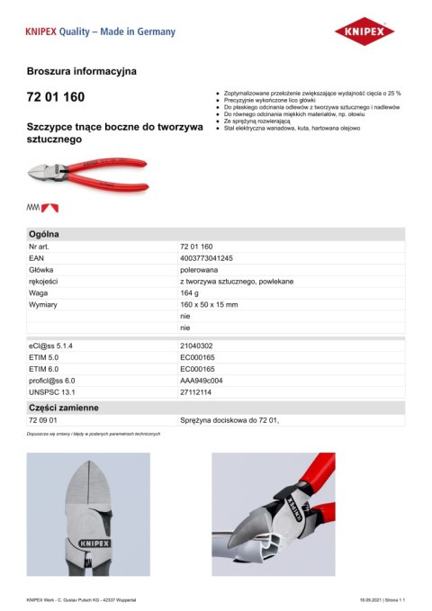 KNIPEX SZCZYPCE TNĄCE BOCZNE DO TWORZYWA SZTUCZNEGO 160MM KNIPEX SZCZYPCE TNĄCE BOCZNE DO TWORZYWA SZTUCZNEGO 160MM